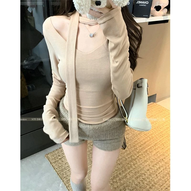 纯欲辣妹V领修身显瘦长袖T恤女秋冬新款飘带修身显瘦德绒保暖上衣