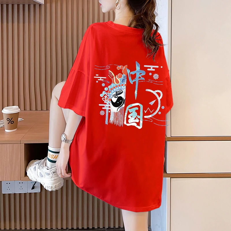2023年新款大码女装夏季宽松中国风短袖t恤中长款半袖纯棉上衣服