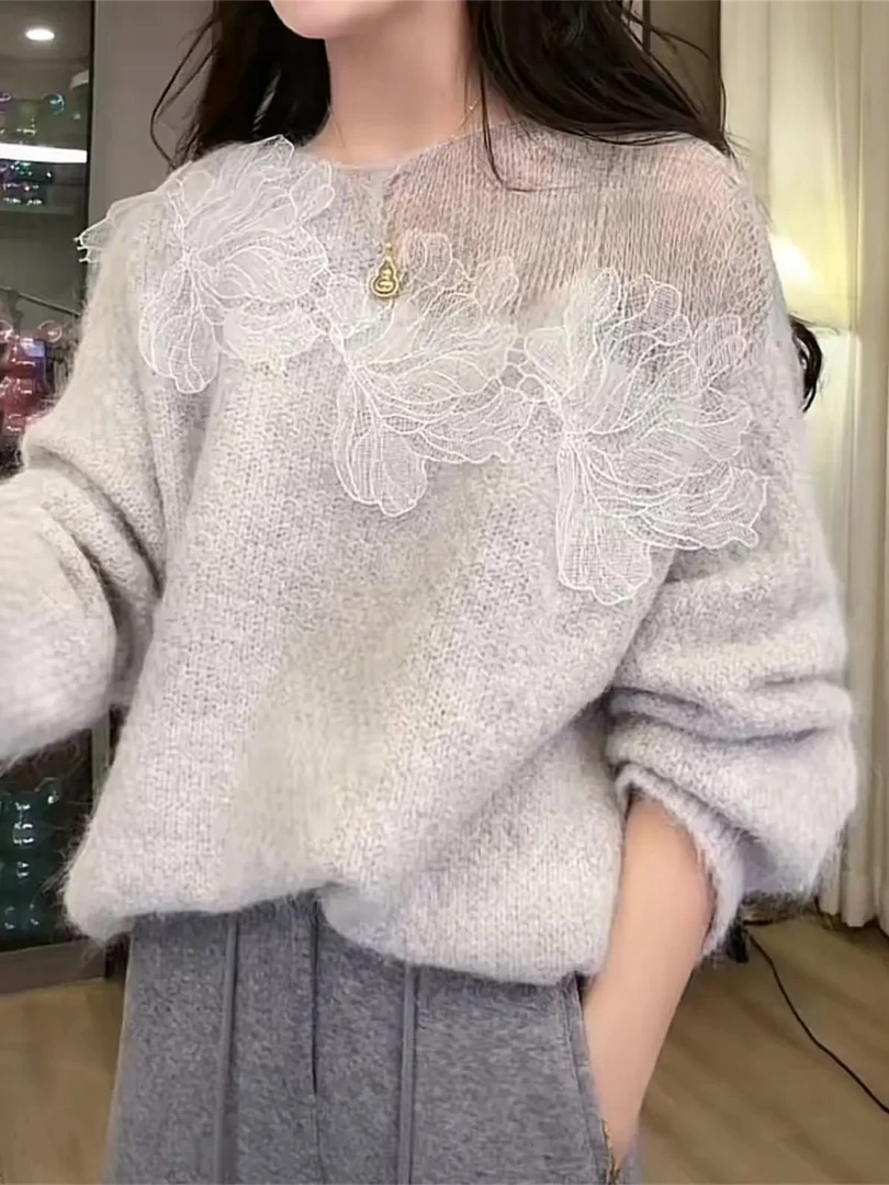 秋冬纯色镂空蕾丝花朵针织长袖YY-7154