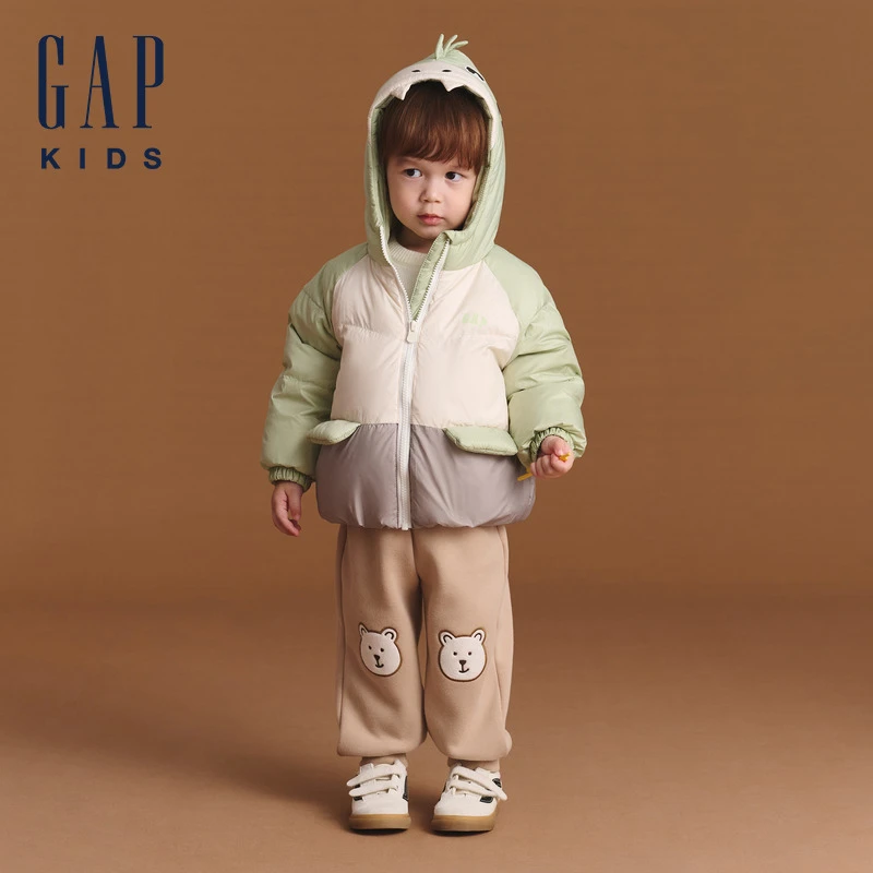 Gap男女幼童2024年冬季新款防泼水动物连帽羽绒服保暖外套672492
