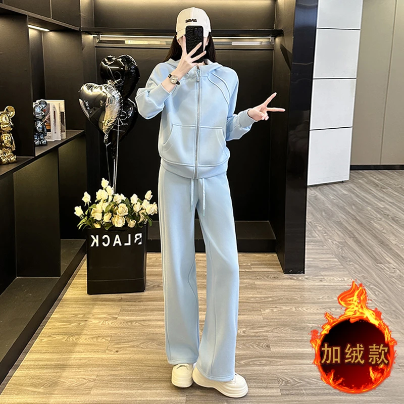 欧货高端蓝色休闲运动卫衣套装女春秋冬加绒高级感减龄洋气两件套