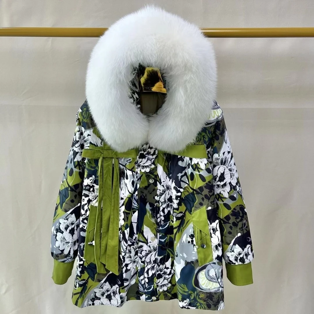 新款花翡翠狐狸毛领秋冬季派克服，兔毛内胆可拆卸休闲蝴蝶结外套