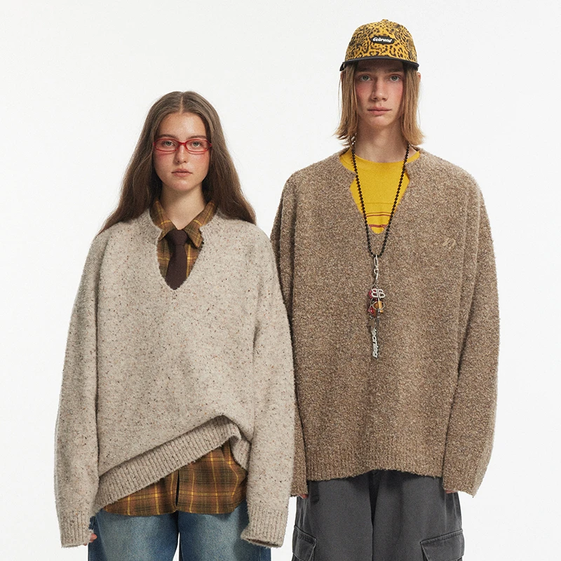 江南先生刺绣v领圈纱毛衣男女慵懒休闲宽松针织外套JN43B30 001