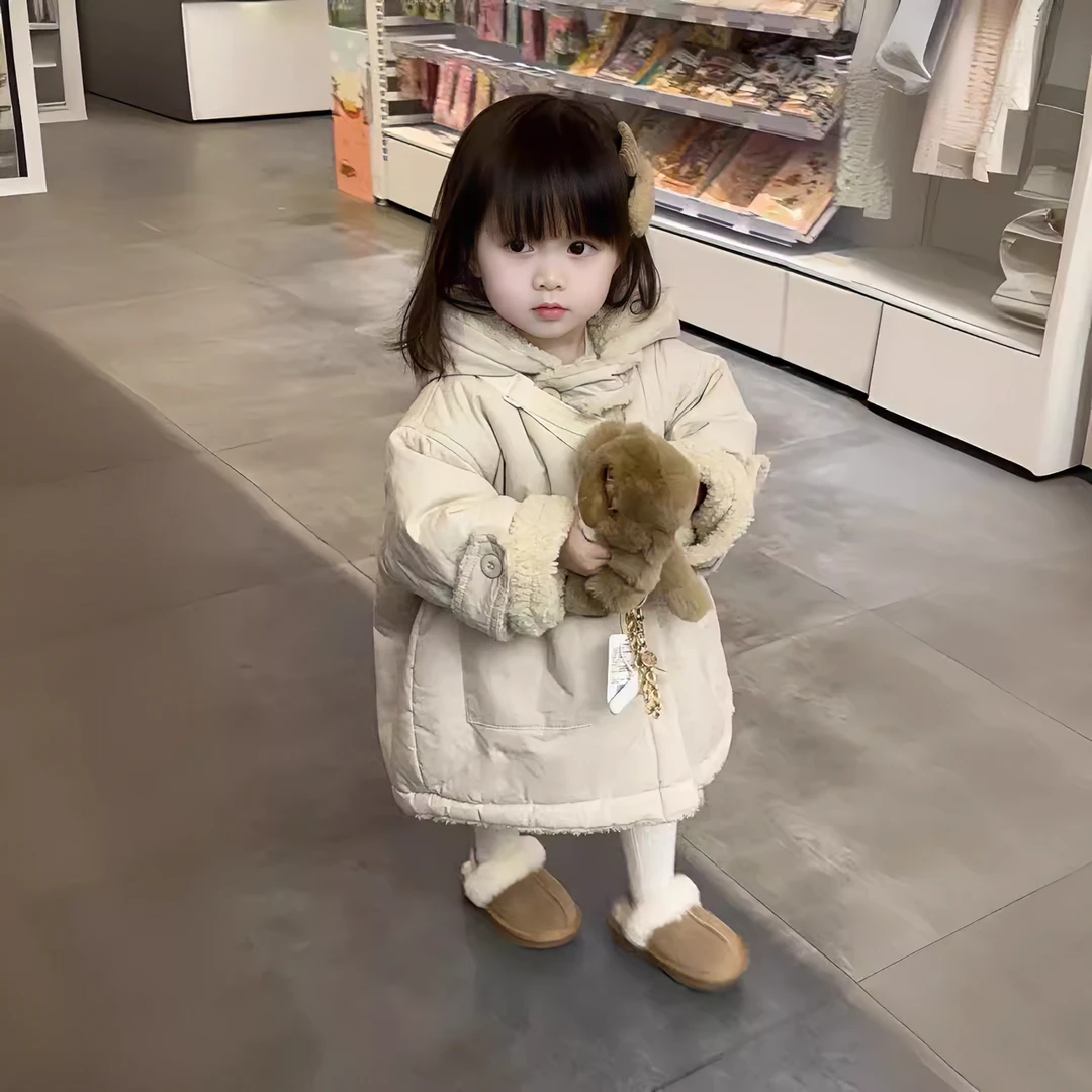 女童羊羔绒外套加绒加厚冬季女宝宝韩版中长款两面穿宽松连帽棉服