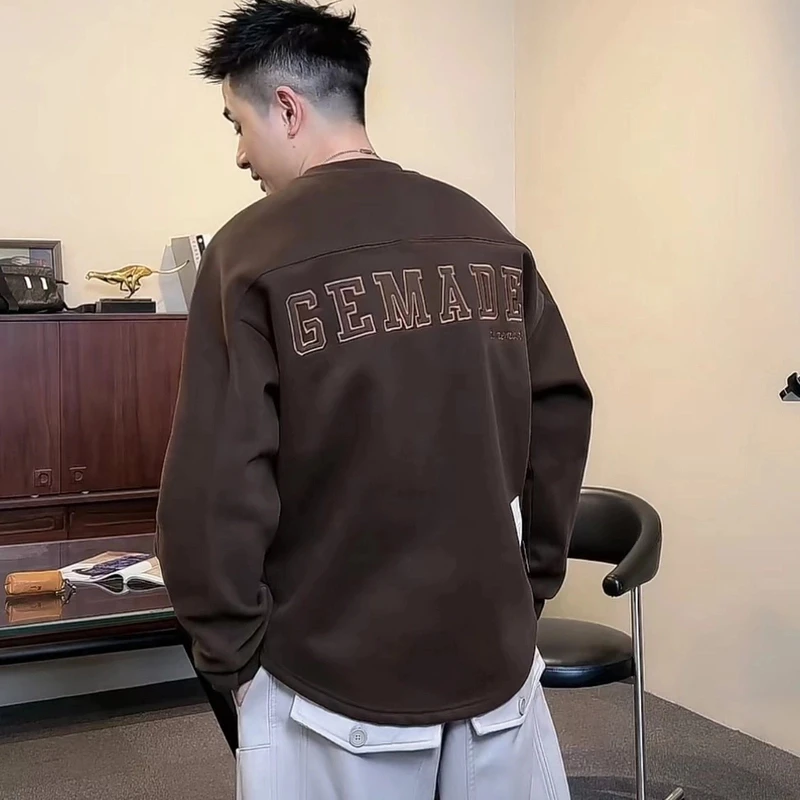 到位男装秋冬加厚加绒时尚经典刺绣宽松纯色绒感卫衣打底89213