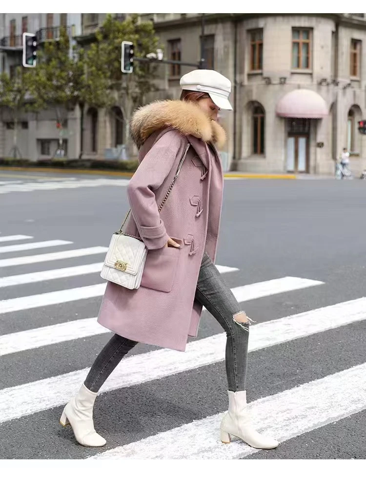 015号（分颜色分尺码紫色黑色大衣外套牛角扣版高级质感百搭）外套