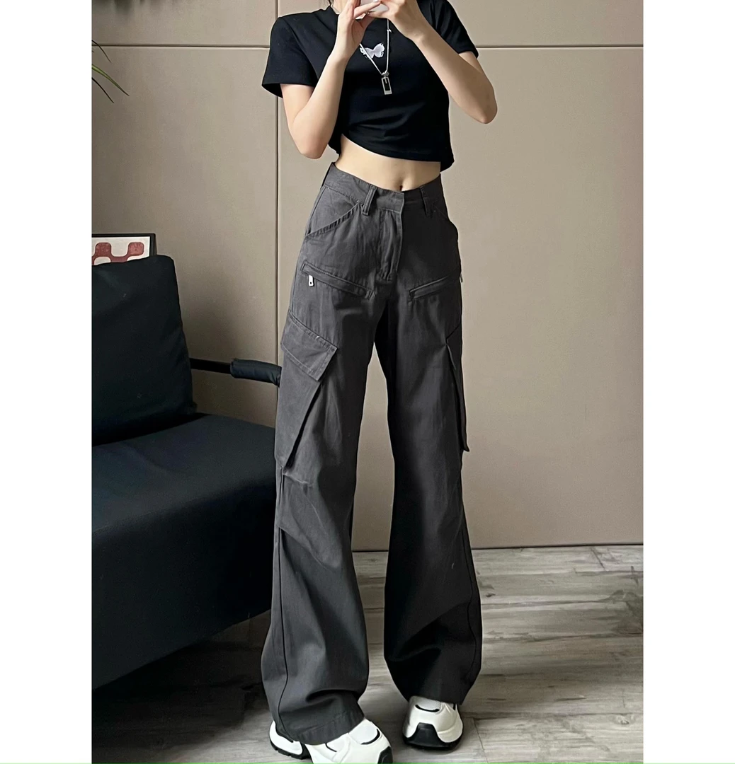 美式甜酷高腰直筒工装裤女2024窄版设计感显瘦加长版休闲裤-8335