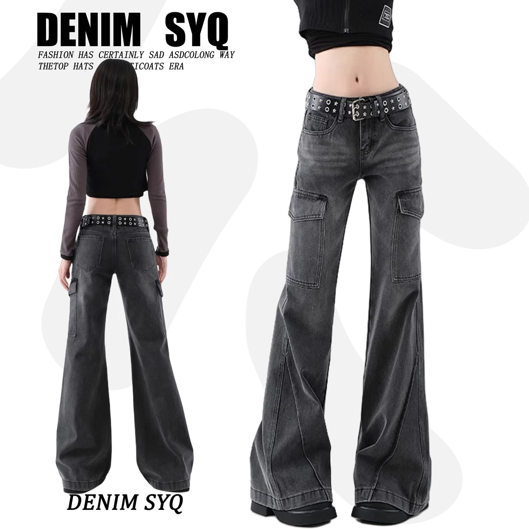 美式黑灰色微喇牛仔工装裤女2024秋冬新款设计感小众显瘦马蹄裤子