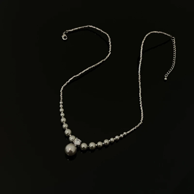 铜合金仿珍珠项链 312时尚潮流灰珠项链戴妃感带钻