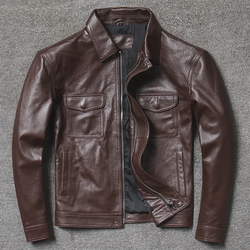 农场主同款头层羊皮皮衣男士 真皮翻领短款休闲皮夹克外套