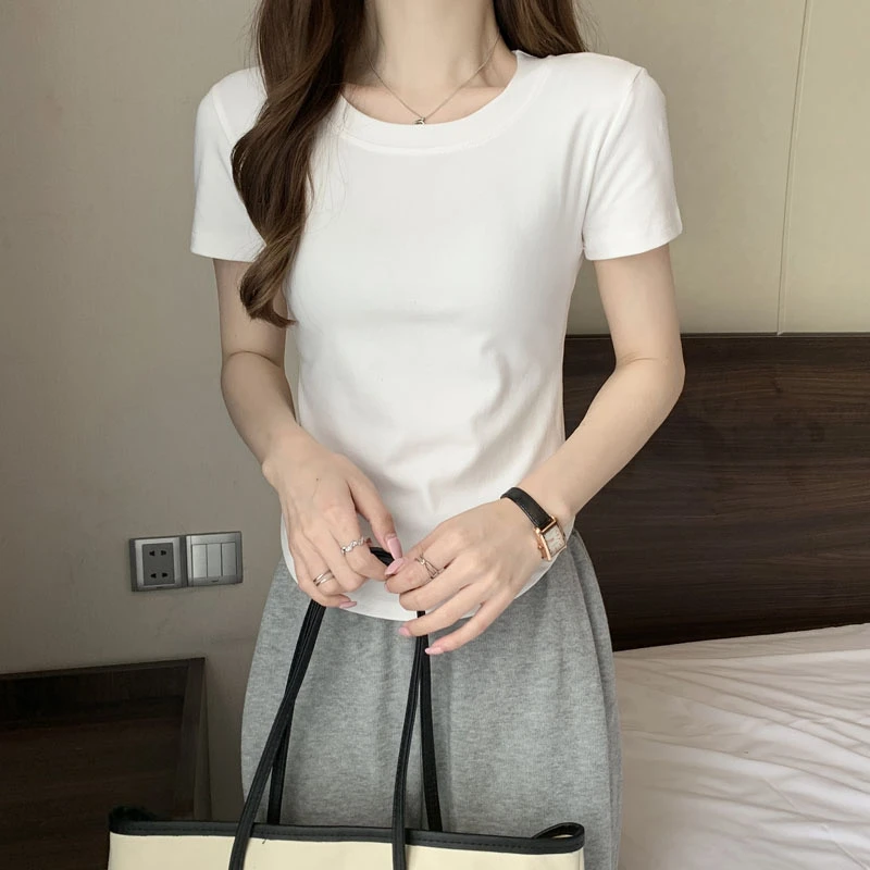 夏款短袖棉t恤显瘦短款百搭夏季修身韩版弧形下摆高腰纯色ins