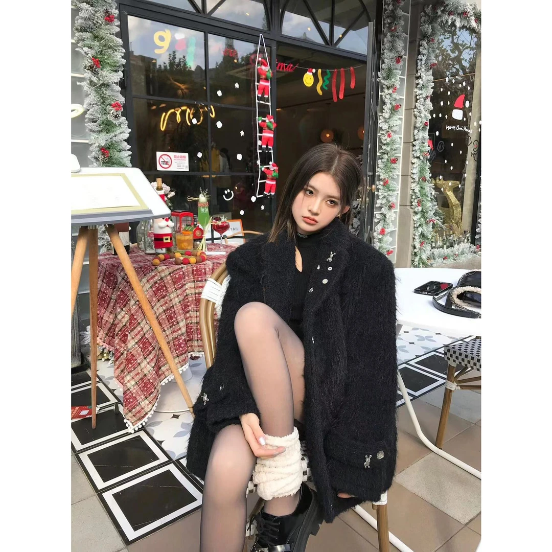 女士套装秋冬气质小香风宽松加厚韩版百搭毛绒时尚网红中长款外套