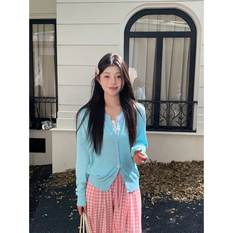 2024早秋穿搭女士气质多巴胺减龄蓝色针织开衫高腰格子休闲阔腿裤