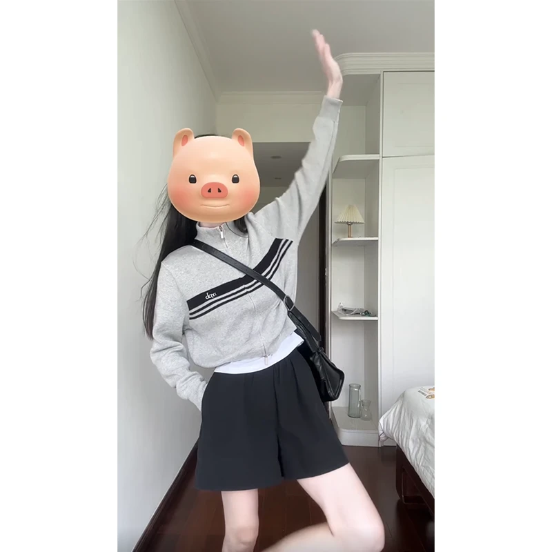 2024简约休闲穿搭女士夏季圆领内搭短袖上衣长袖拉链外套百搭短裤