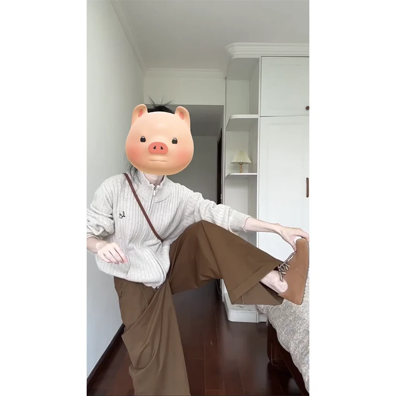 2024秋季新款女士韩版气质立领拉链长袖针织开衫高腰休闲阔腿裤