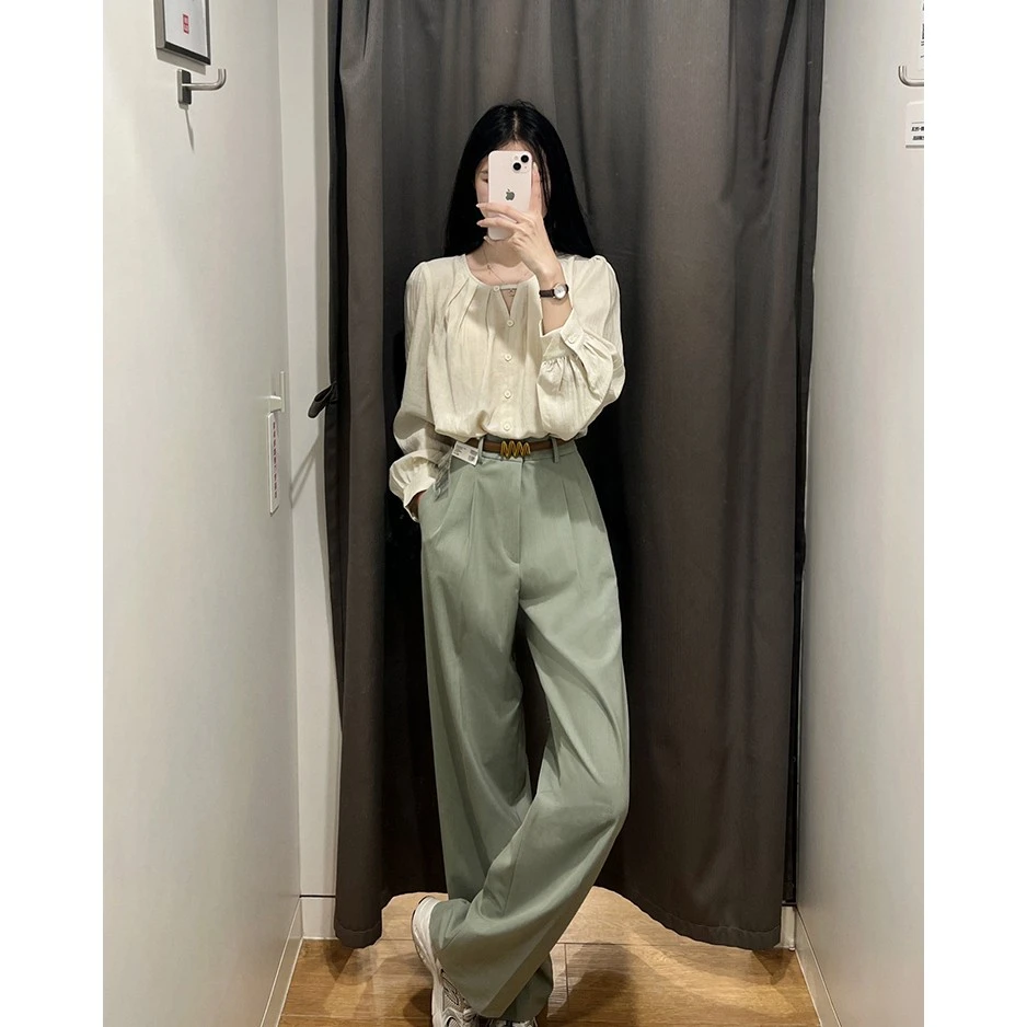 夏季穿搭女士2024法式气质时尚圆领宽松衬衫上衣高腰休闲西装裤