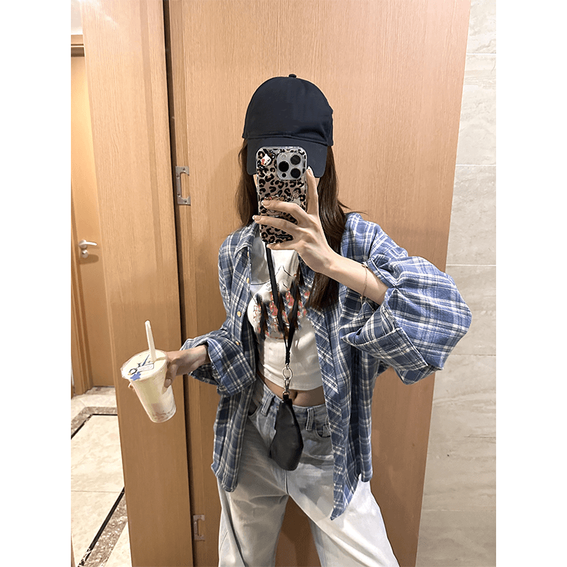 时尚穿搭女士夏季翻领排扣条纹格子长袖防晒薄款小众衬衫牛仔裤