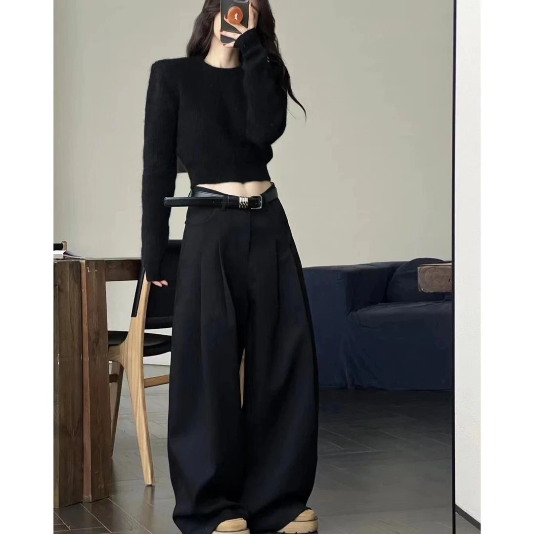 早春穿搭时尚春秋季女士韩版短款显瘦毛针织上衣高腰休闲西装裤子