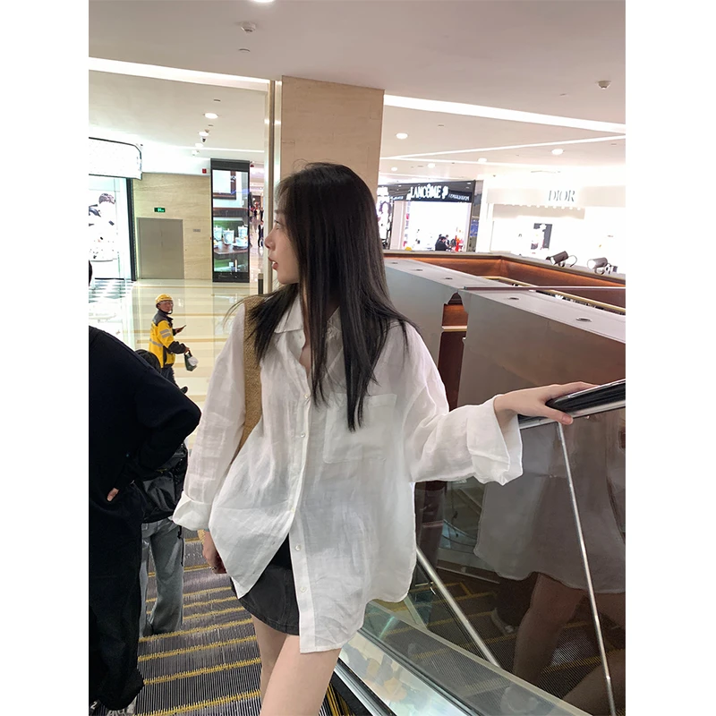 衬衫女士夏季纯色POLO领排扣白色百搭小众薄款韩版设计感上衣