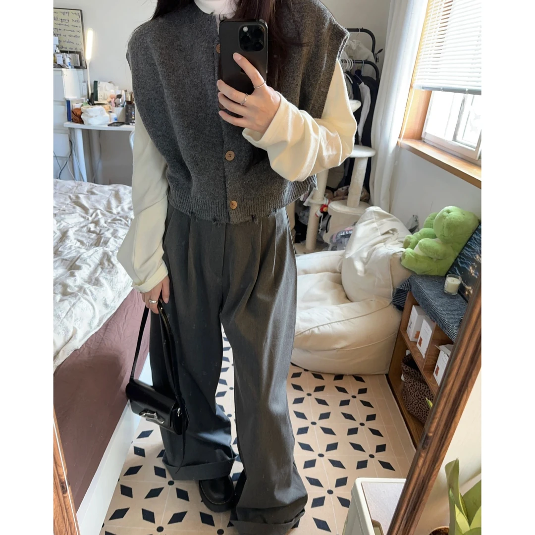 早春穿搭女士秋冬新款复古针织马甲内搭上衣高腰休闲时尚阔腿裤子