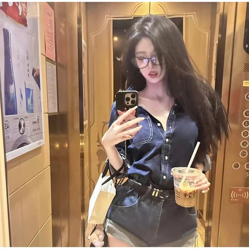 性感穿搭女夏季翻领排扣长袖显瘦百搭时尚上衣纯欲短裤牛仔两件套
