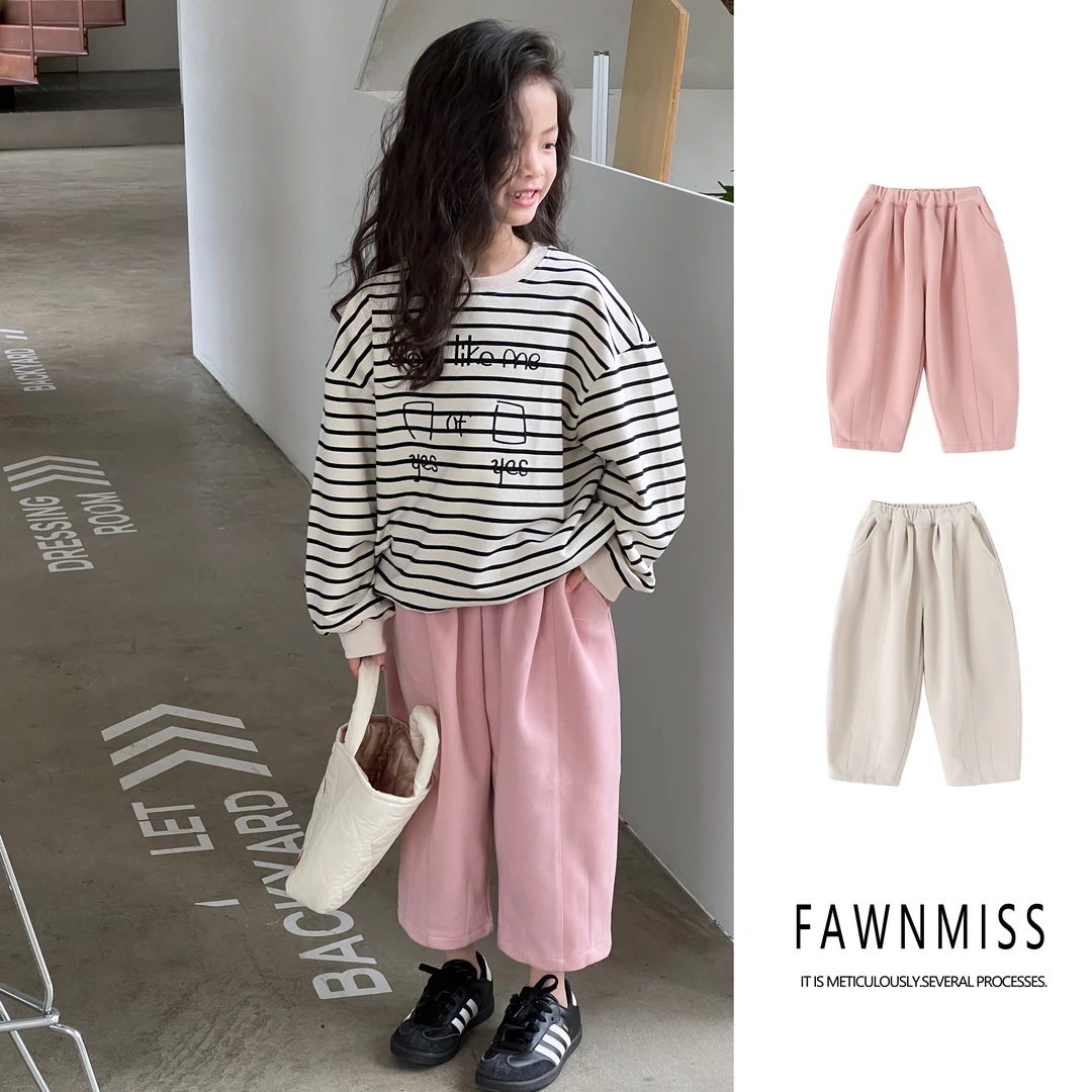 【微风轻抚】2024春秋中大童女宝韩系简约纯色宽松针织休闲裤ck1017