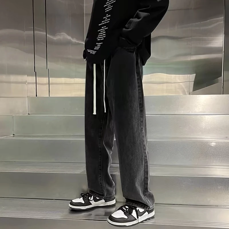 黑灰色牛仔裤男秋季新款潮牌高街九分裤男士宽松直筒阔腿裤子男生