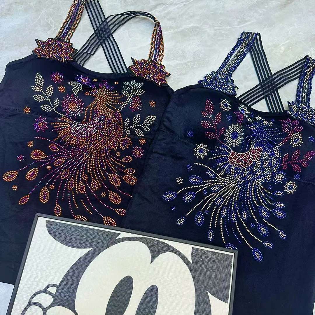 coco家重工烫钻凤凰美背女士百搭时尚黑色长款打底保暖外穿044