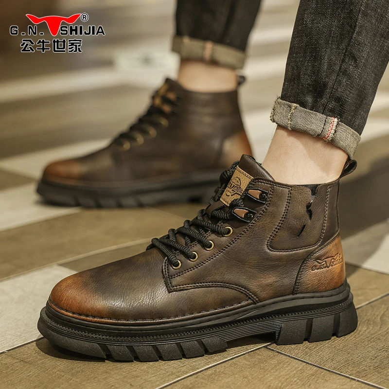 公牛世家英伦马丁靴靴子冬季短靴时尚潮鞋复古男式休闲鞋2025新款