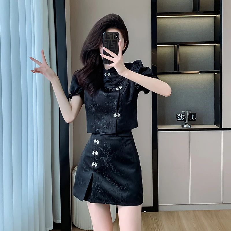 新中式连衣裙国风夏季新款赫本风小黑裙小个子辣妹旗袍短裙两件套