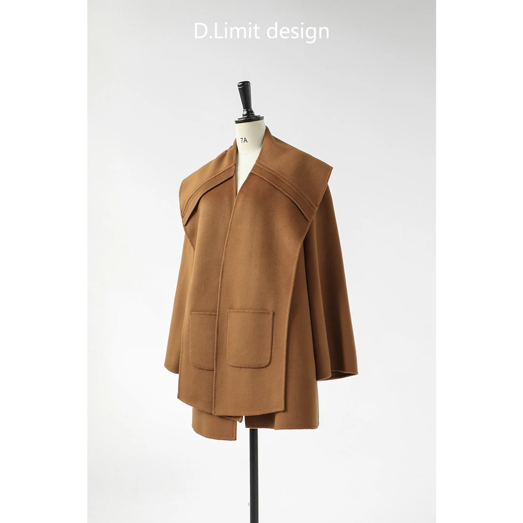 【D.Limit design】时尚无领披肩围巾短款毛呢外套DL