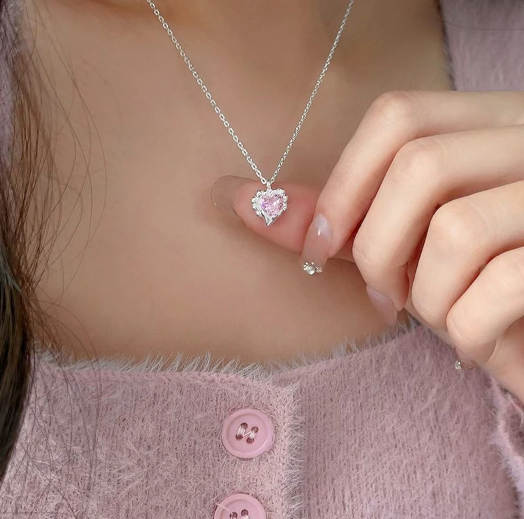 链子925银 925银粉色爱心项链可爱精致链长45cm