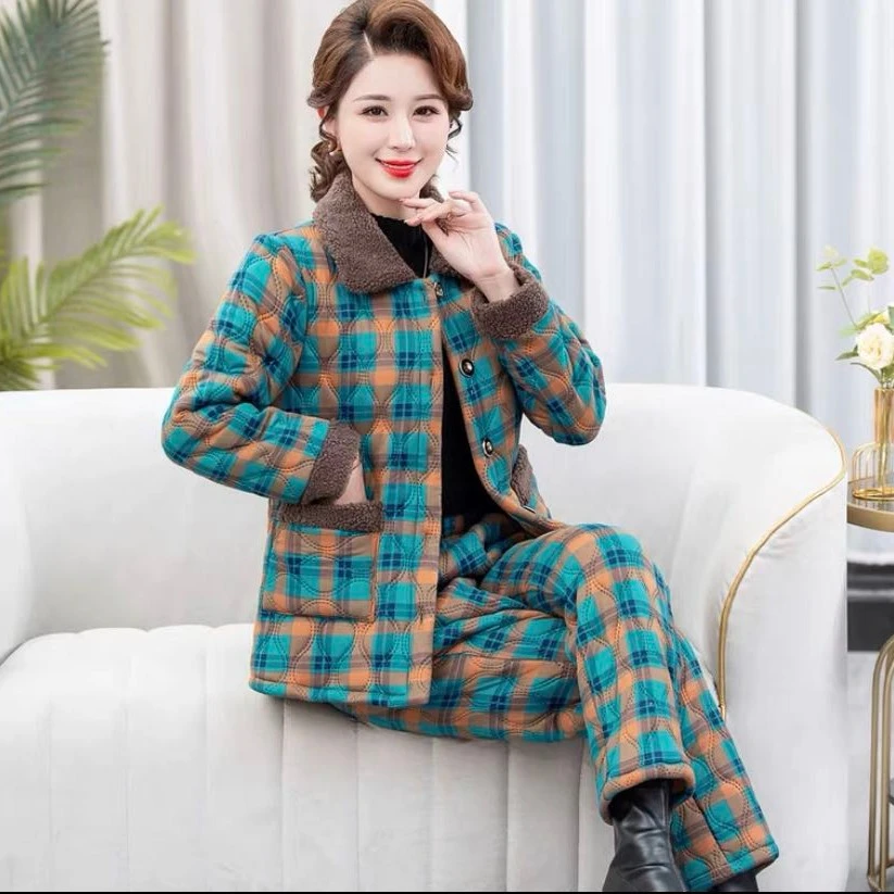 加绒加厚经典睡衣时尚格子花型套装棉衣妈妈装冬季老人棉服家居服