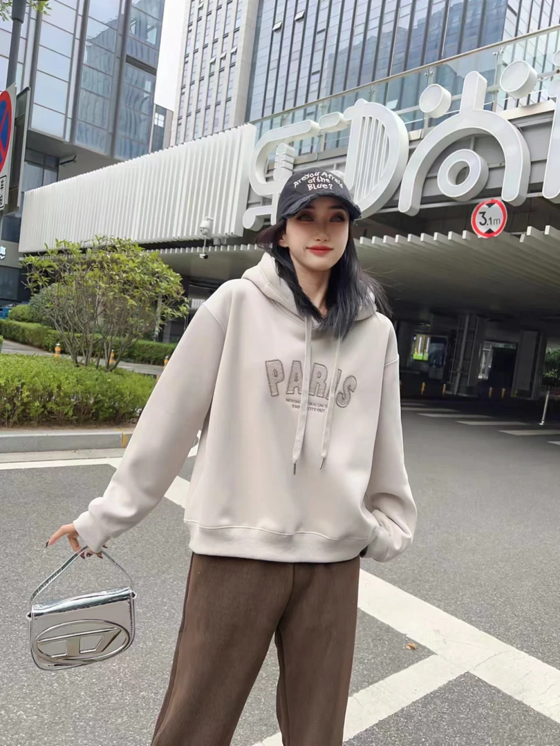 女装小个子加绒刺绣PARIS连帽秋冬韩版时尚省钱风卫衣上衣帽龙年