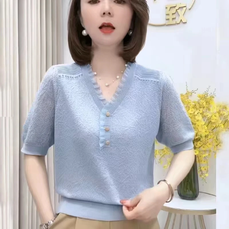 【女婿家】欧货蕾丝V领钉珠短袖针织衫女夏季爆款小众时尚显瘦上衣