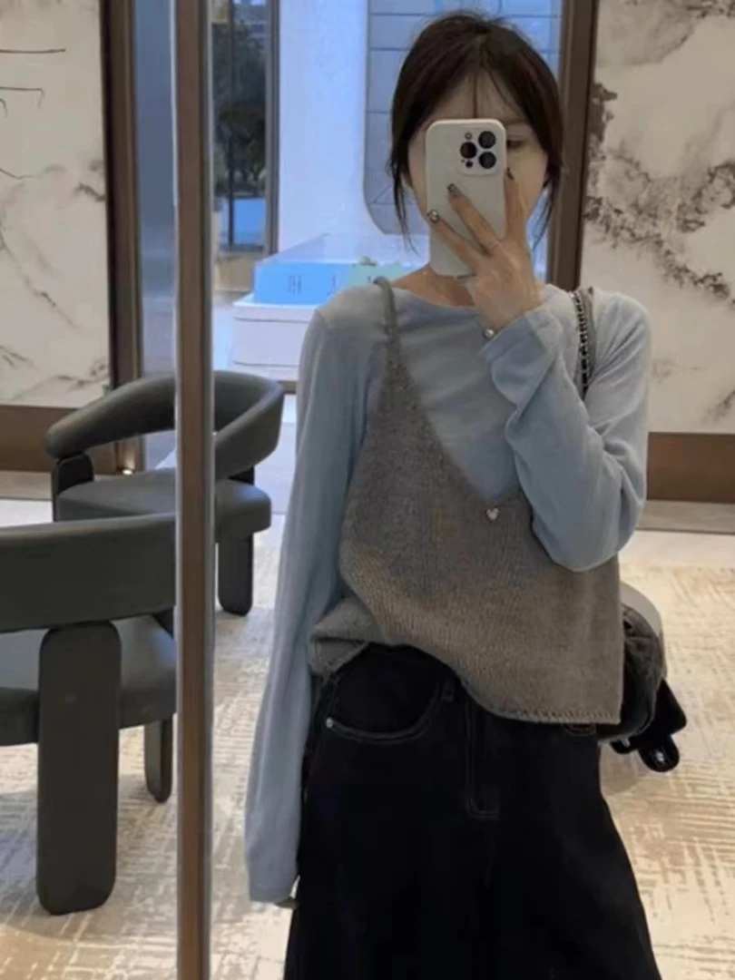 【女婿家】早秋韩剧女主穿搭套装女蓝色别致针织吊带背心两件套