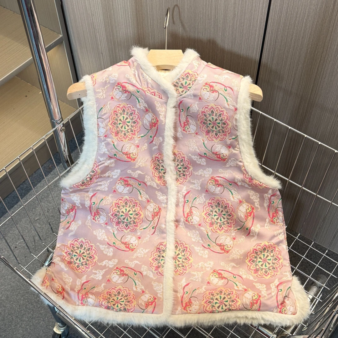 【悦棠】加棉加厚新中式旗袍设计上衣冬季加绒马甲粉色百搭女士坎肩