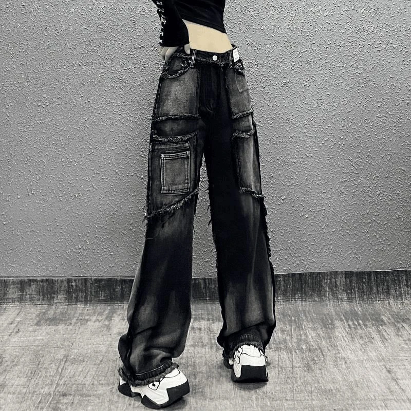 帅气毛边口袋拼接休闲牛仔男女春新款高腰宽松显瘦百搭直筒阔腿裤