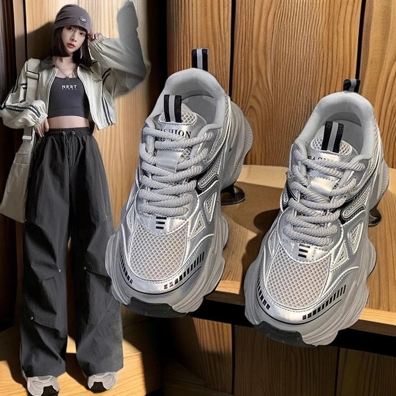 啄木鸟银色经典老爹鞋时尚款女2025新款厚底网面透气休闲女鞋百搭