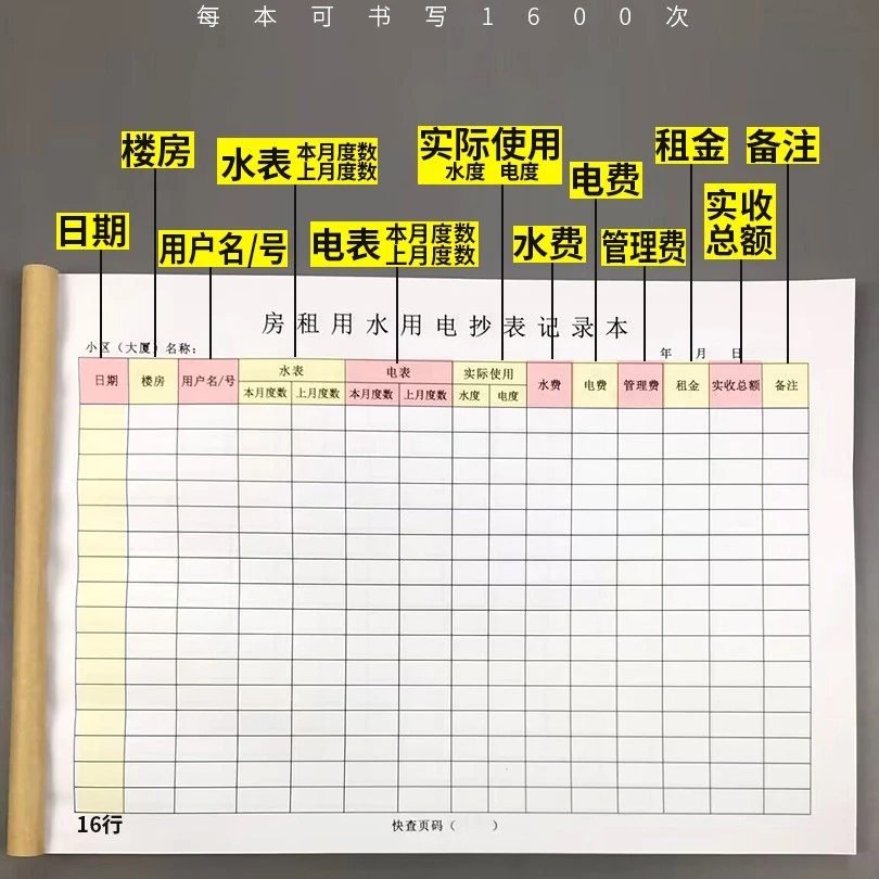 房租用水用电抄表记录本100页水费电费登记表格A4房东物业抄表本