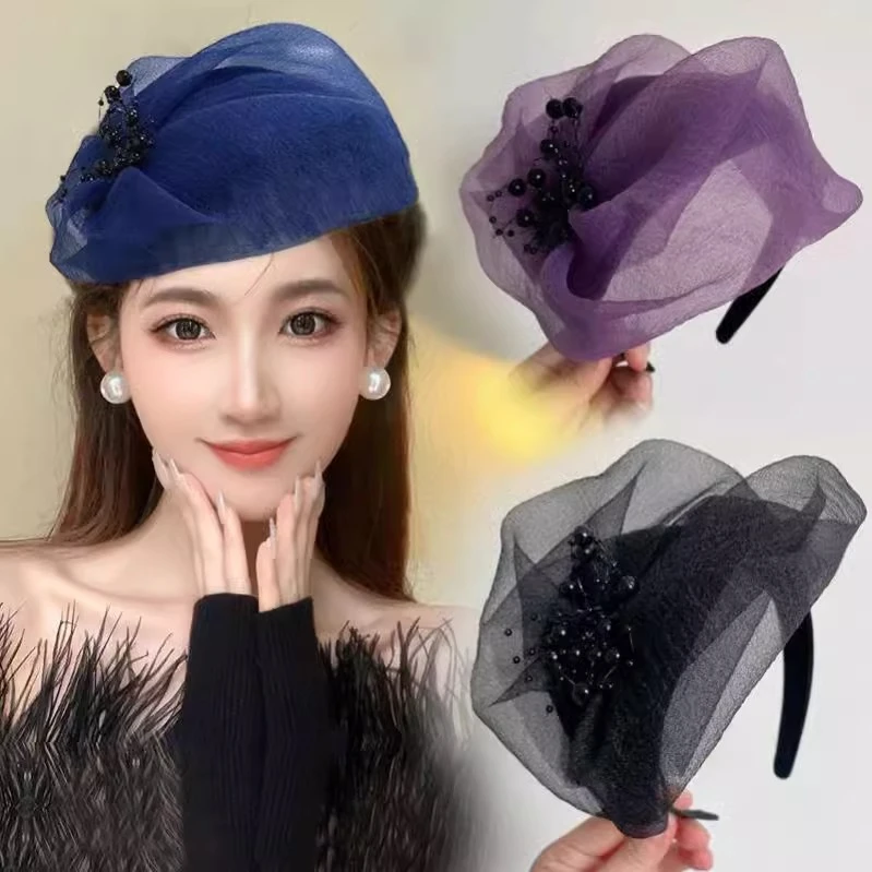新款时尚透气泡泡纱遮白发半帽洋气宽边发箍百搭头箍女士头饰