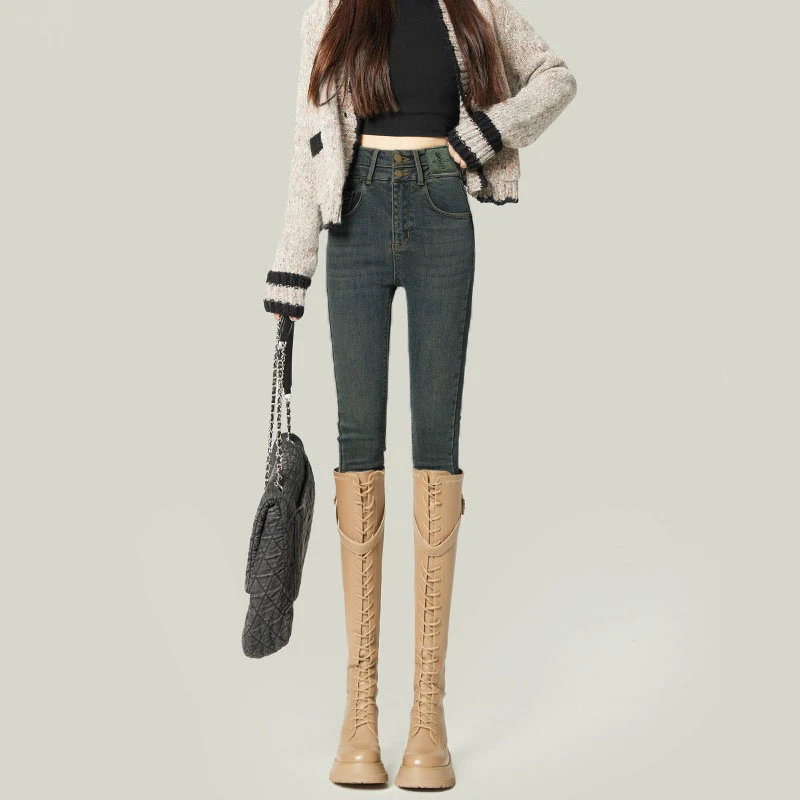 秋冬新款腰显瘦牛仔裤女弹力修身显瘦加绒气质时尚百搭小脚铅笔裤