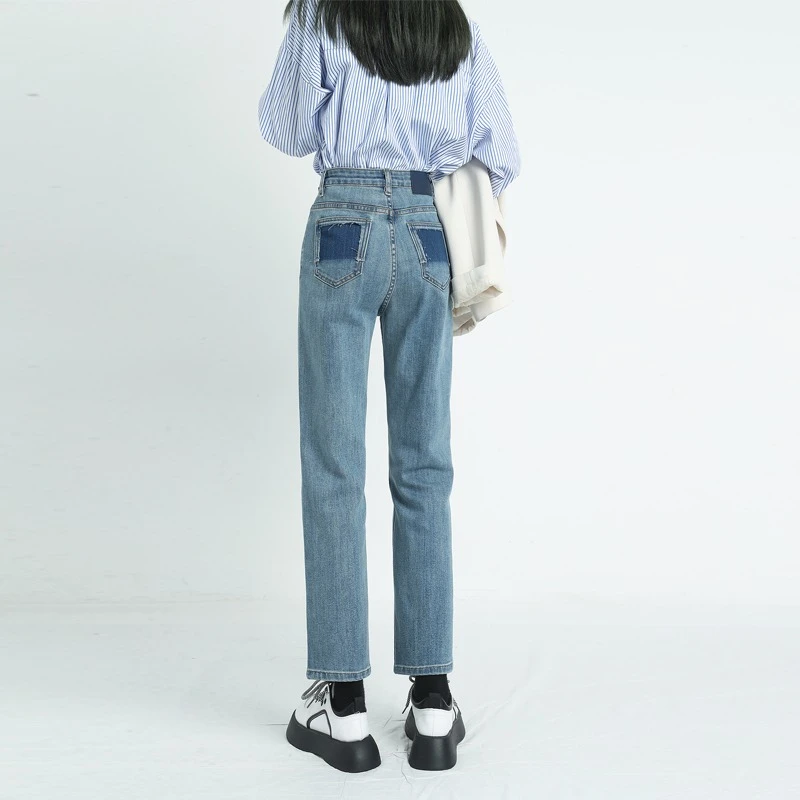 高腰牛仔裤女春季女装小个子九分牛仔裤小直筒裤女烟管裤子法棍裤