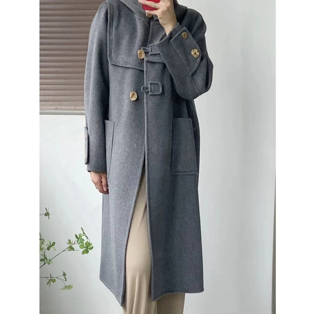 小静折扣~N1264P 半圆扣宽松连帽双面呢大衣 （卡码拍大）