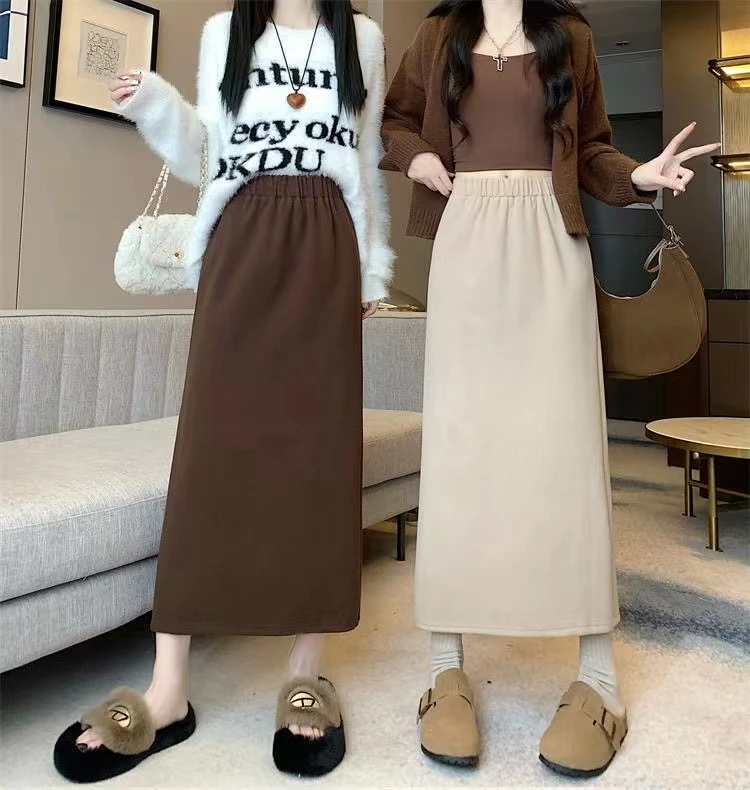 小静折扣~P484L  松紧腰毛呢开叉百搭半身裙（卡码拍大）