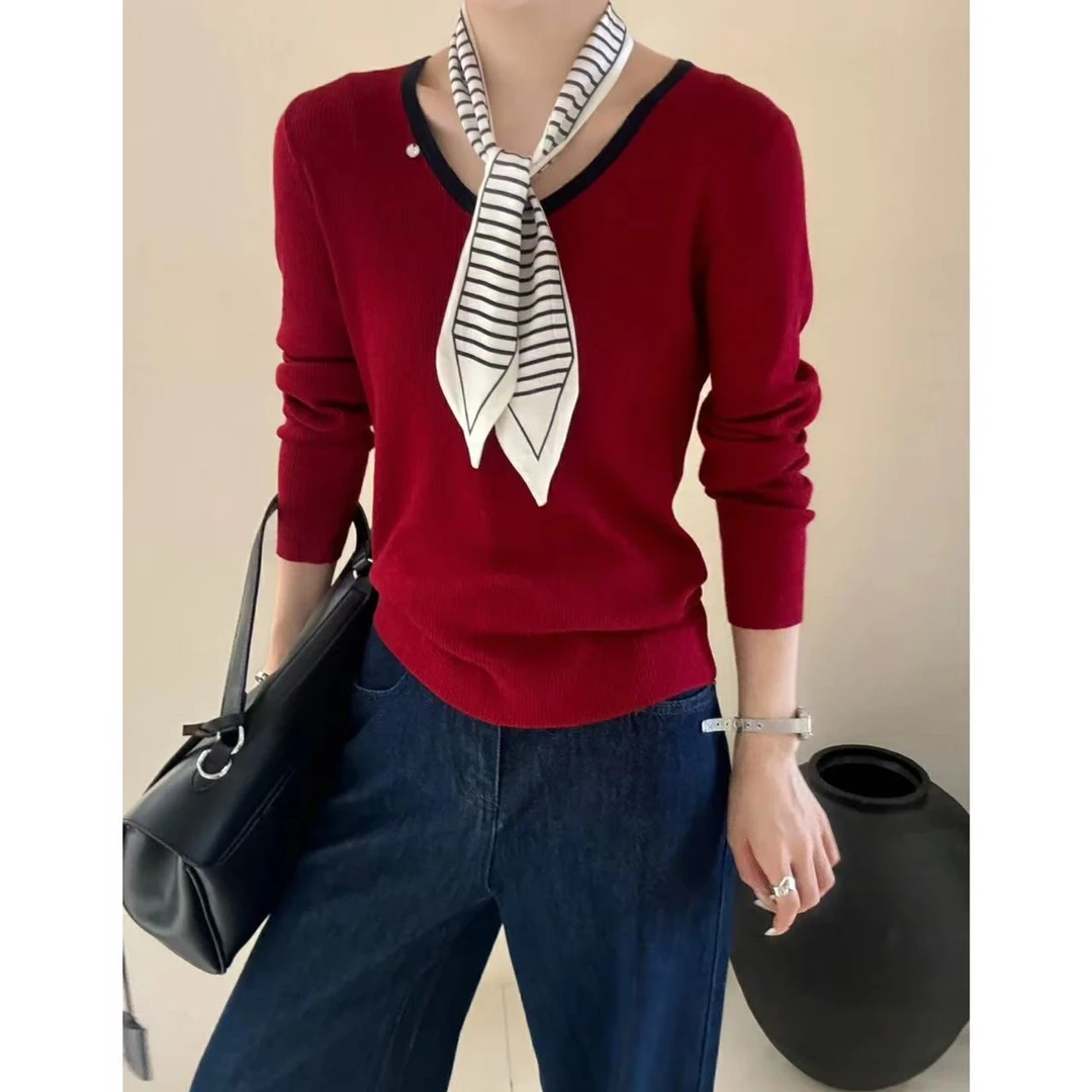 小静折扣~P559L 撞色U领小圆牌柔软带丝巾针织衫（衣长58（80-130斤