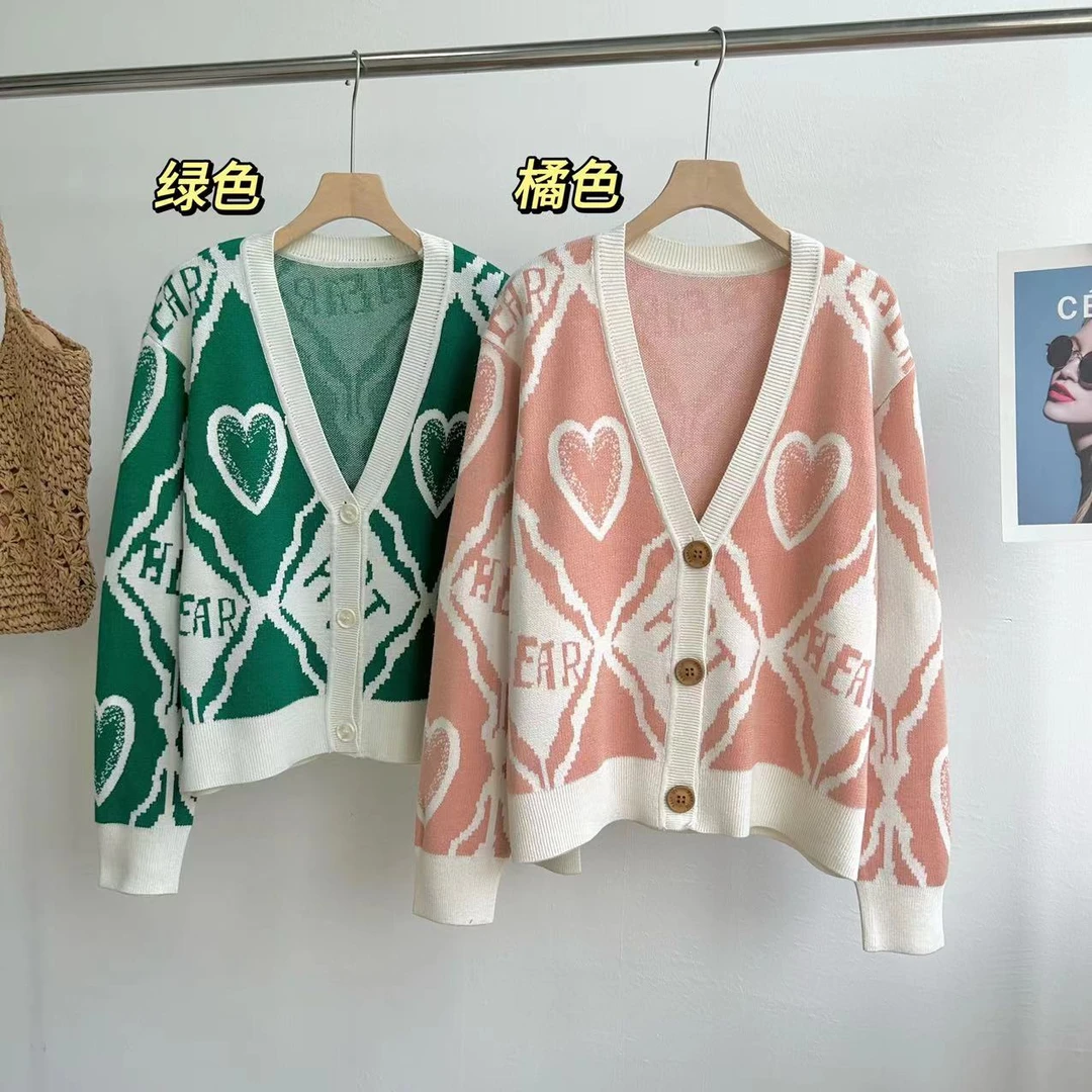 小静折扣~NA1198L   宽松爱心提花V领毛衣开衫（衣长54（90-140斤）