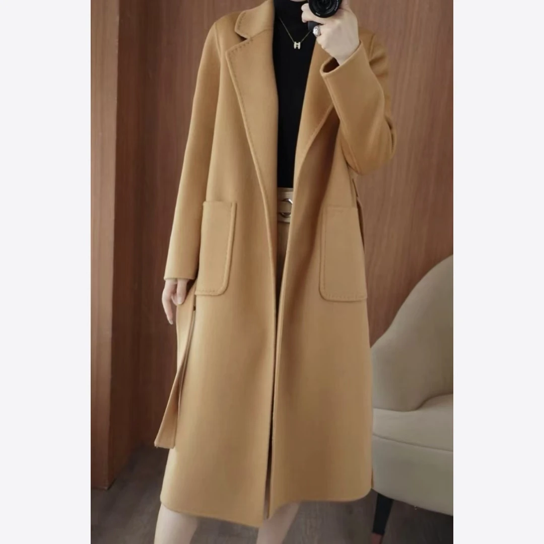 小静折扣~P550L气质手工拱针带腰宽松中长款双面呢大衣（卡码拍大）