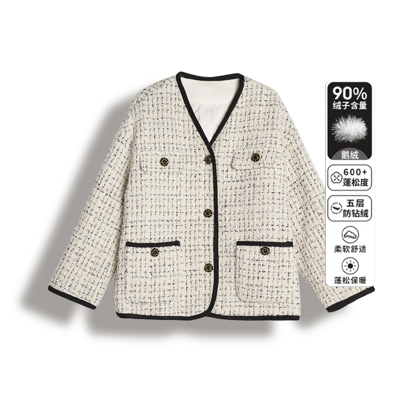 回归主义鹅绒羊毛小香风外套复古V领粗花呢上衣