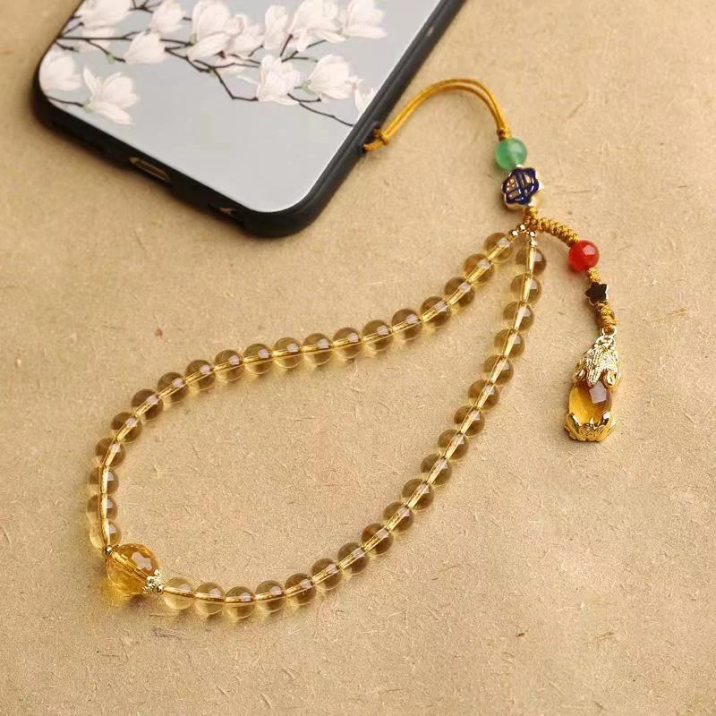 手机挂件吊坠女款古风挂饰招财貔貅黄水晶手机链挂绳短手腕女挂